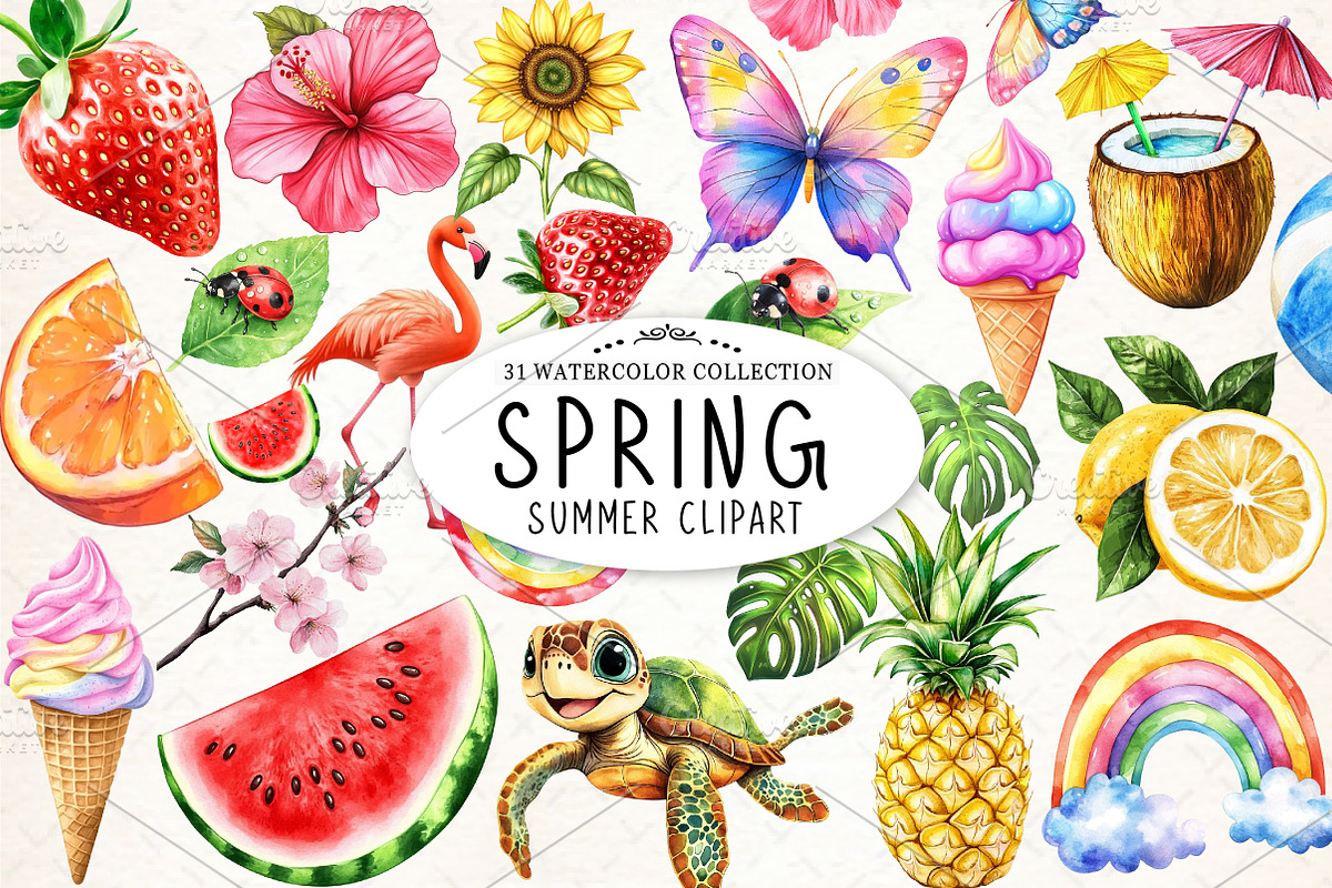 Watercolor Spring & Summer Clipart, an Illustration by Watercolor design (Photo 1 of 4)
