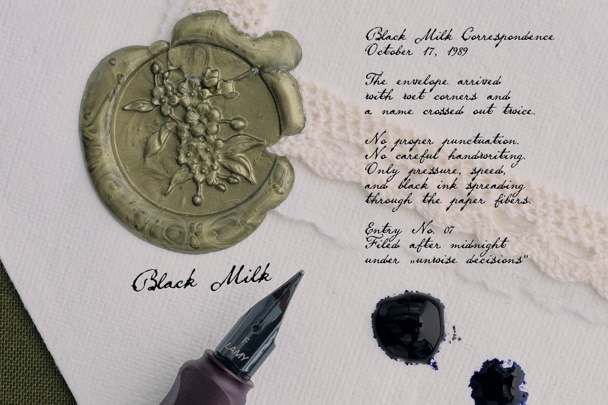 Black Milk: Decorative Ink Script, a Script Font by Mneme (Photo 2 of 11)