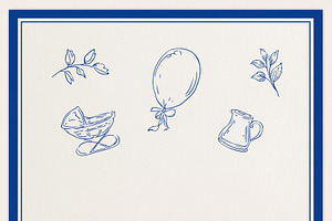 Baby shower card design featuring blue line art illustrations of, an Illustration by Studio ANNA