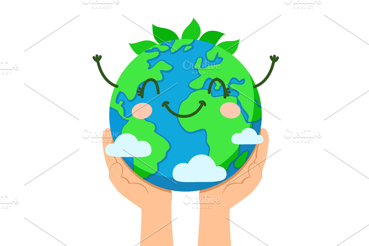 Hands holding a happy planet Earth, an Object Illustration by innakreativ