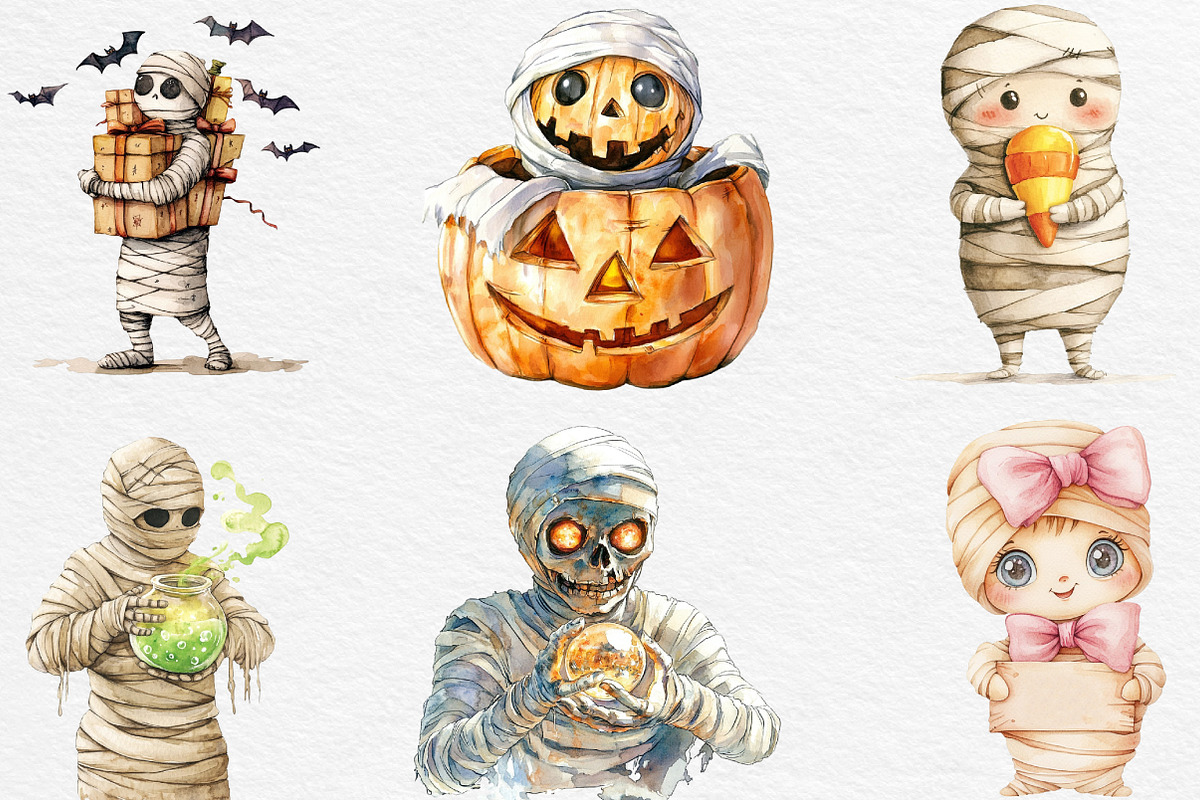 Watercolor Halloween Mummy Clipart, an Illustration by Black Bird Studio (Photo 4 of 6)