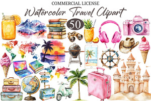 Watercolor Travel Clipart Bundle, a Seasonal Illustration by designcity5