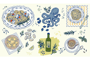 Hand drawn italian seafood pasta set