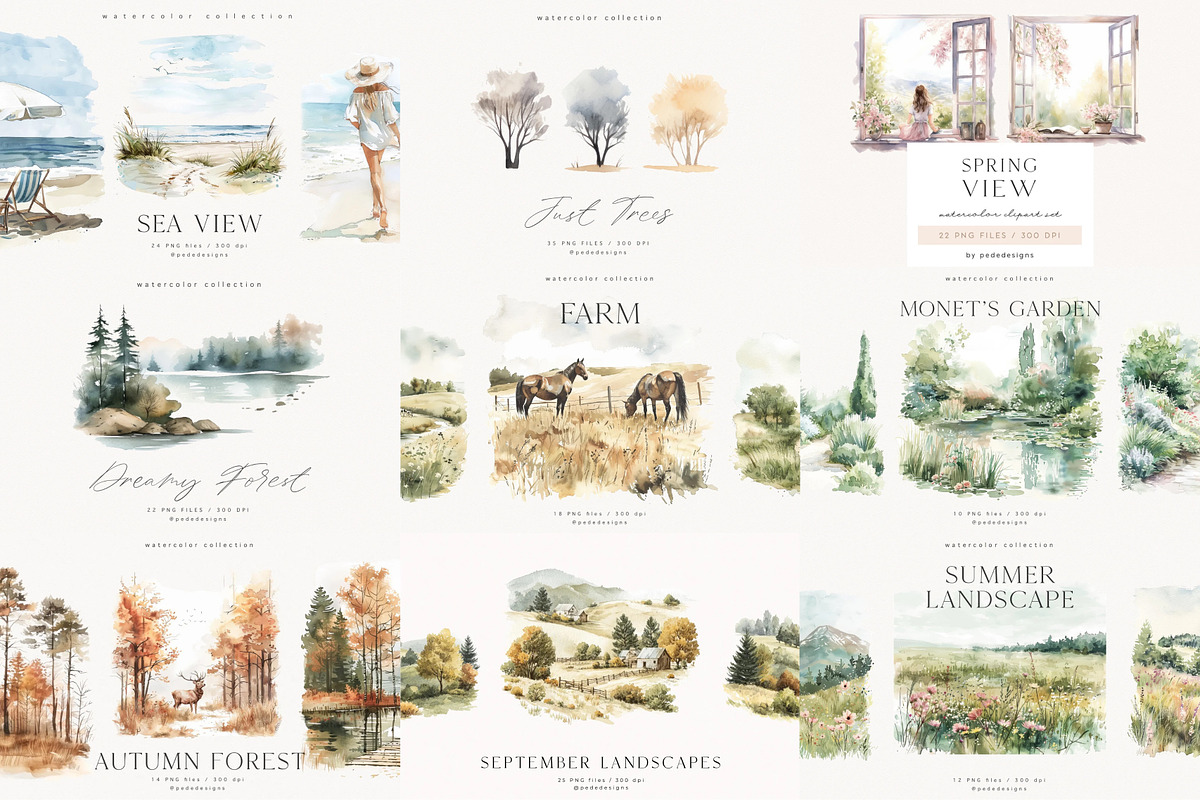 Watercolor Landscapes Bundle, a Decorative Illustration by PeDe Designs (Photo 3 of 14)