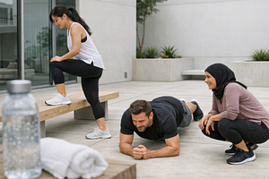 Summer outdoor fitness on patio with, a Photo by Dvoevnore photos