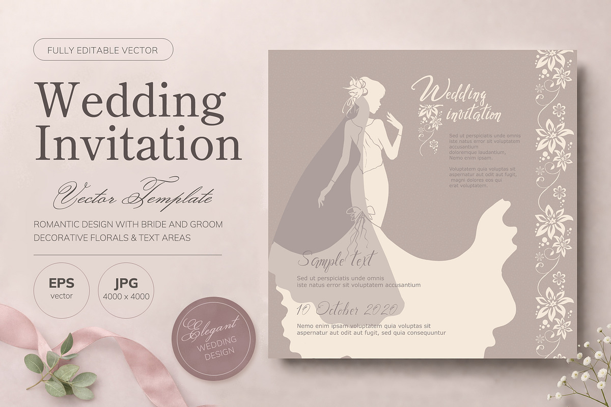 Wedding Invitation Vector Template, an Invitation Template by Elena Naumchenkova (Photo 1 of 3)