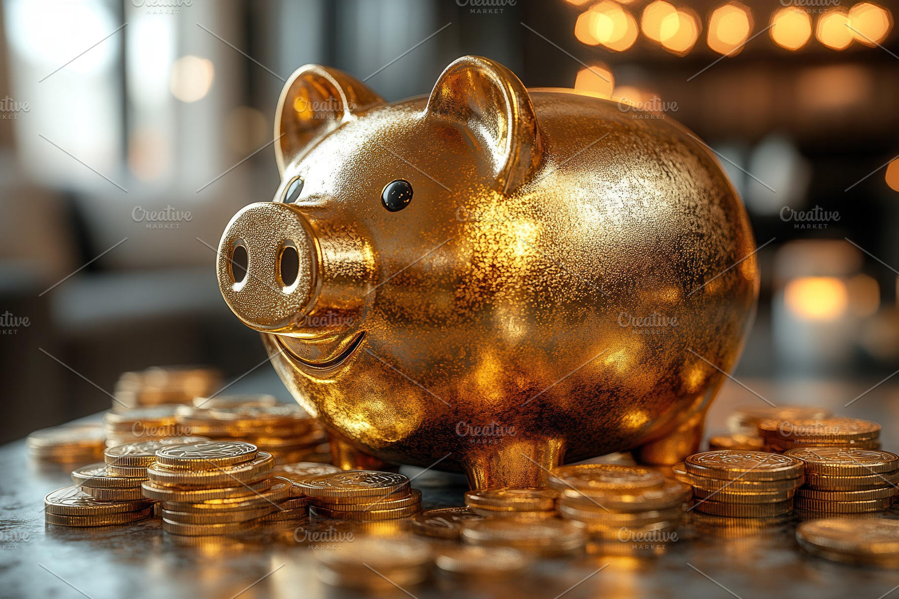 Golden piggy bank surrounded by coin, a Photo by Tanuart