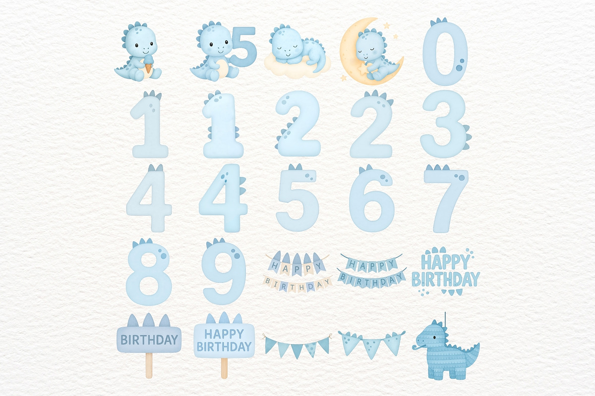 Blue Birthday Dino Clipart Set, an Illustration by Nicolle's Colorful Art (Photo 4 of 6)