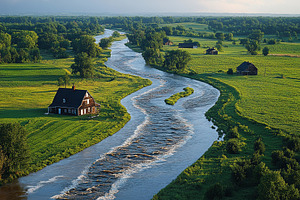 Winding river flows through lush gre, a Photo by Tanuart
