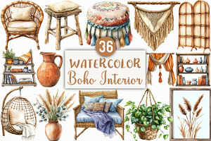 Watercolor Boho Interior Clipart, an Illustration by Craft Nest