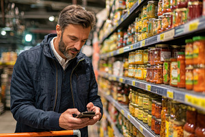 Man using phone grocery shopping pre, a Photo by Pixeness Studio