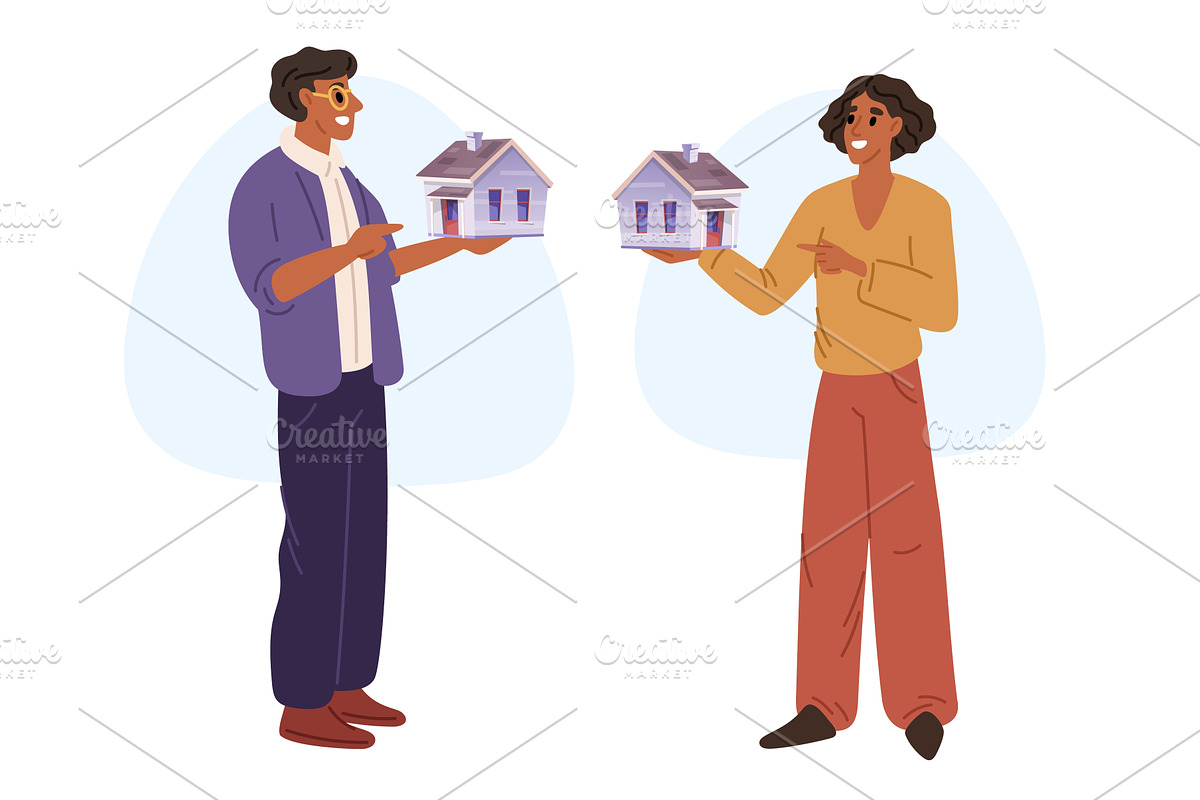Young man and woman hold model of, an Object Illustration by Vectorbuum