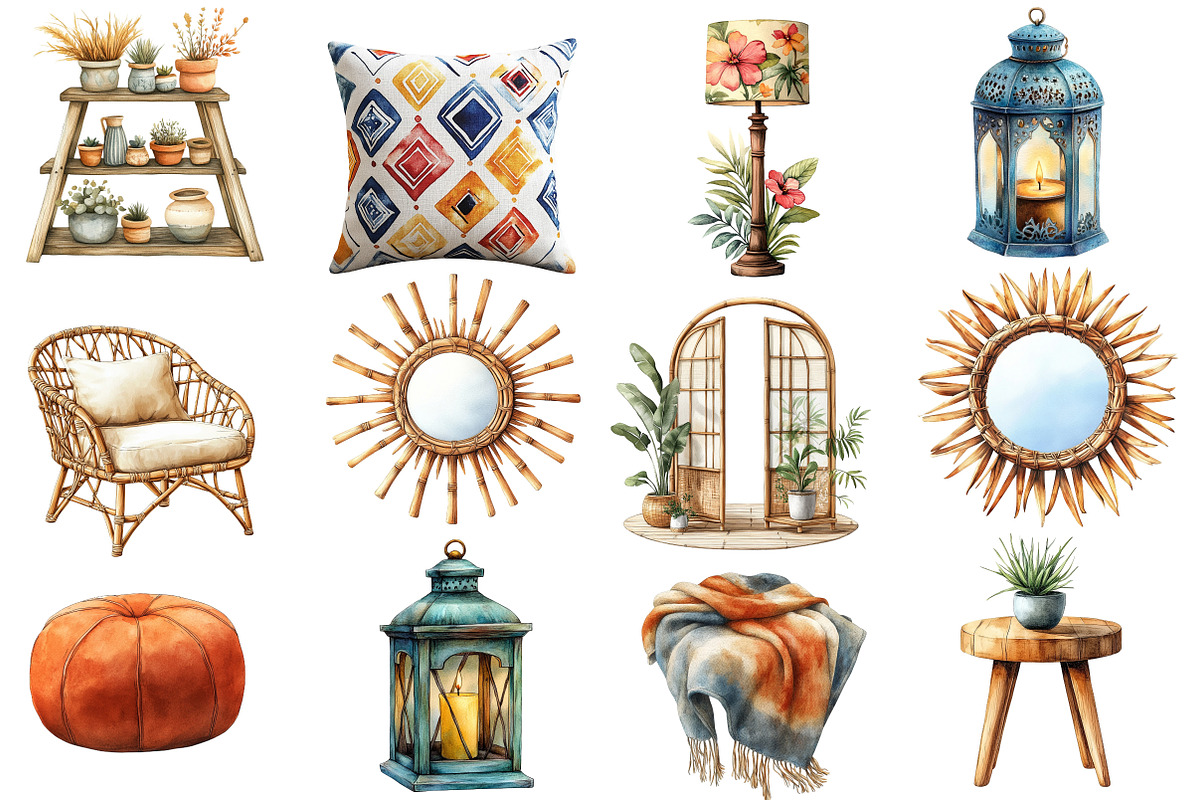Watercolor Boho Interior Clipart, an Illustration by Designworld (Photo 2 of 6)