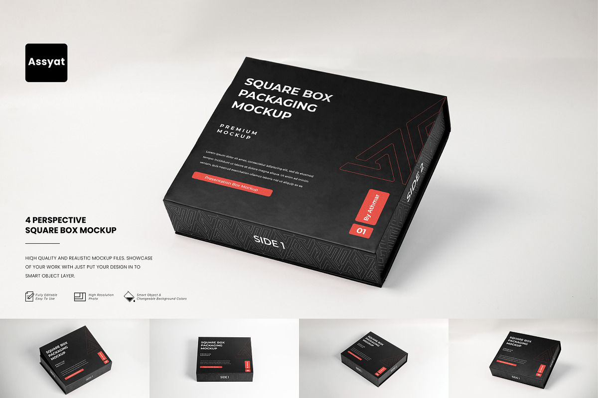 Square box packaging mockup set, a Packaging Mockup by Assyat (Photo 1 of 6)