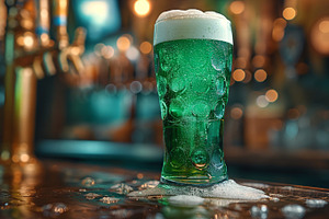 A refreshing glass of green beer with a frothy head, sitting on a bar top, capt, a Background Photo by ImageMir