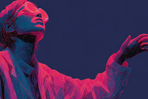 Digital woman in polygonal style reaching upward in vibrant neon, an Abstract Photo by José Manuel Gelpi