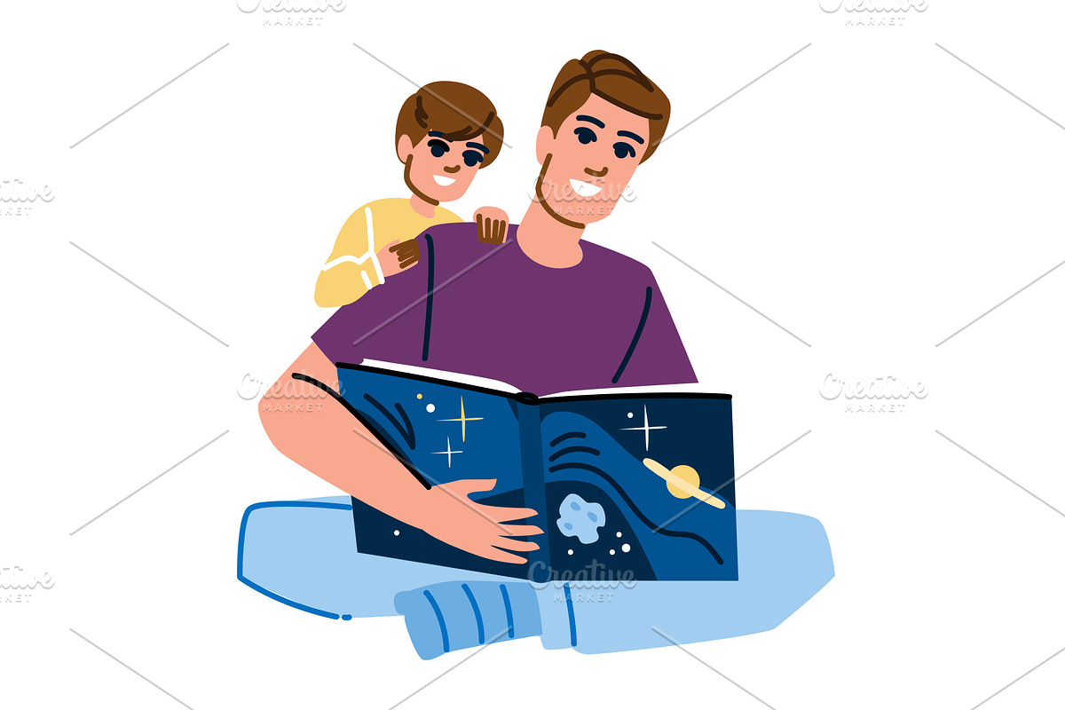 Father reading a space book with son, an Education Illustration by pikepicture