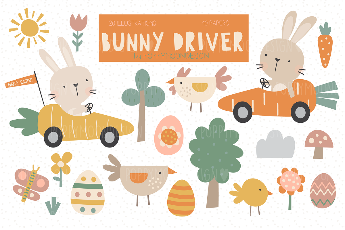Bunny Driver clipart & paper set, a Pattern Graphic by Poppymoondesign (Photo 1 of 7)