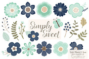 Navy & Mint Flowers Clipart, an Illustration by Amanda Ilkov (Thumbnail 1 of 4)