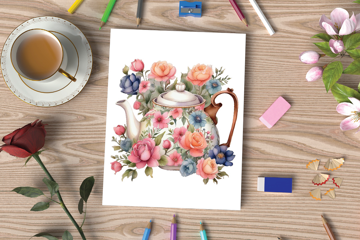 Watercolor Flowers Teapot Clipart, an Illustration by CraftArtStudio (Photo 4 of 7)