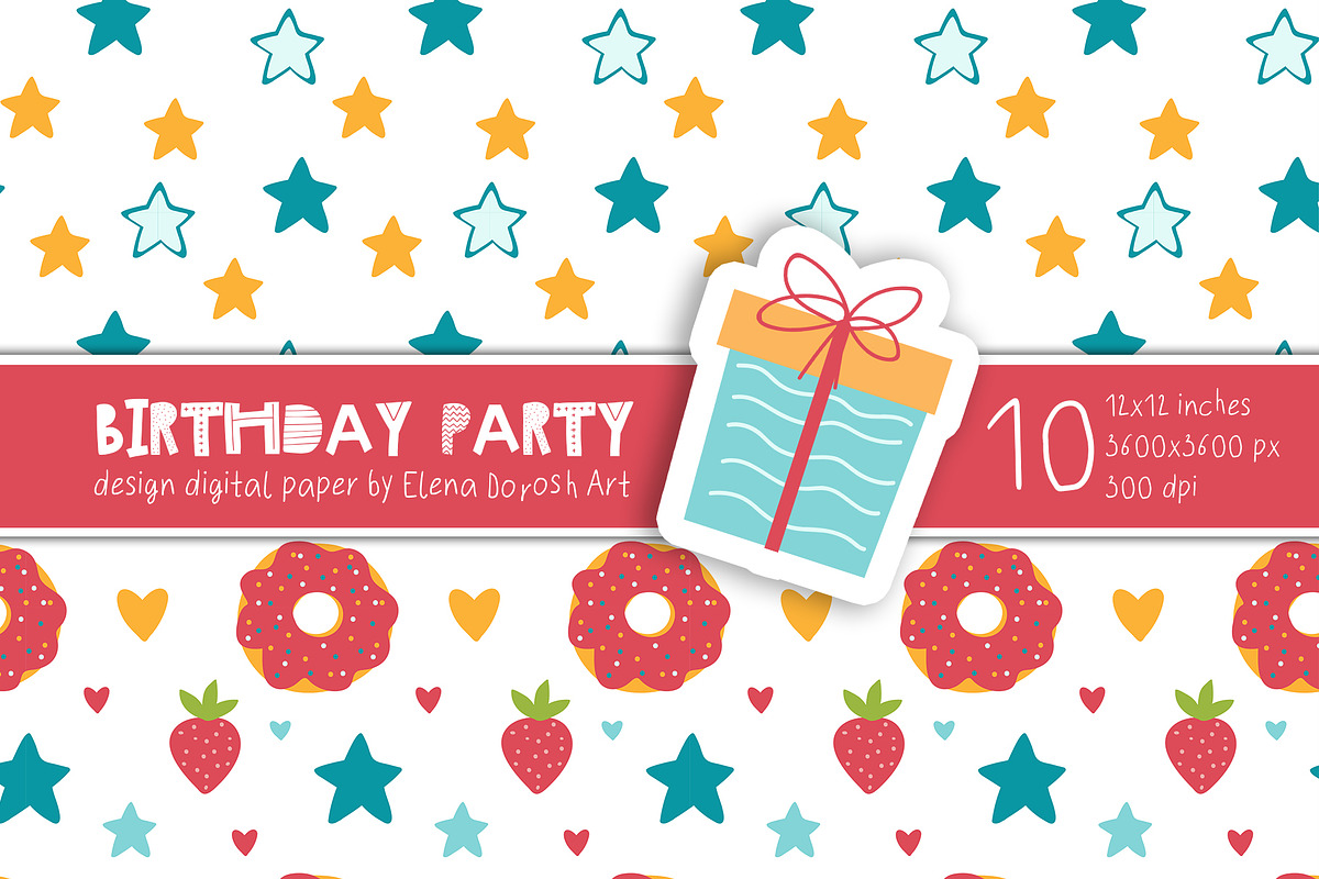 Birthday Party Cartoon Digital Paper, a Pattern Graphic by Elena Dorosh (Photo 3 of 6)
