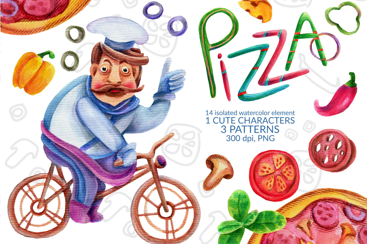 Watercolor elements of PIZZA, a Food Illustration by Olha Kalyta (Photo 1 of 6)