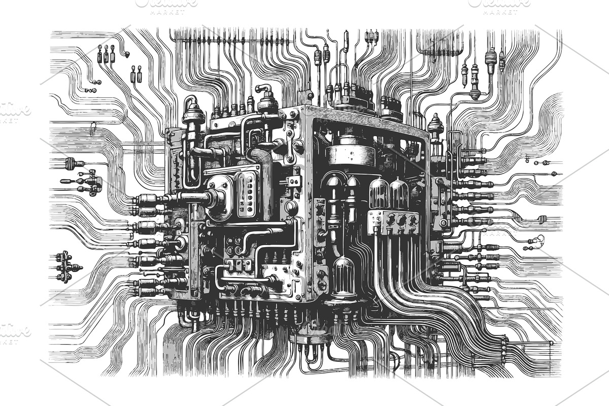Retro mechanical computer wires and, a Technology Illustration by AlexArt