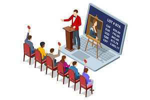 Isometric hybrid auction with people, a Finance Illustration by Golden Sikorka
