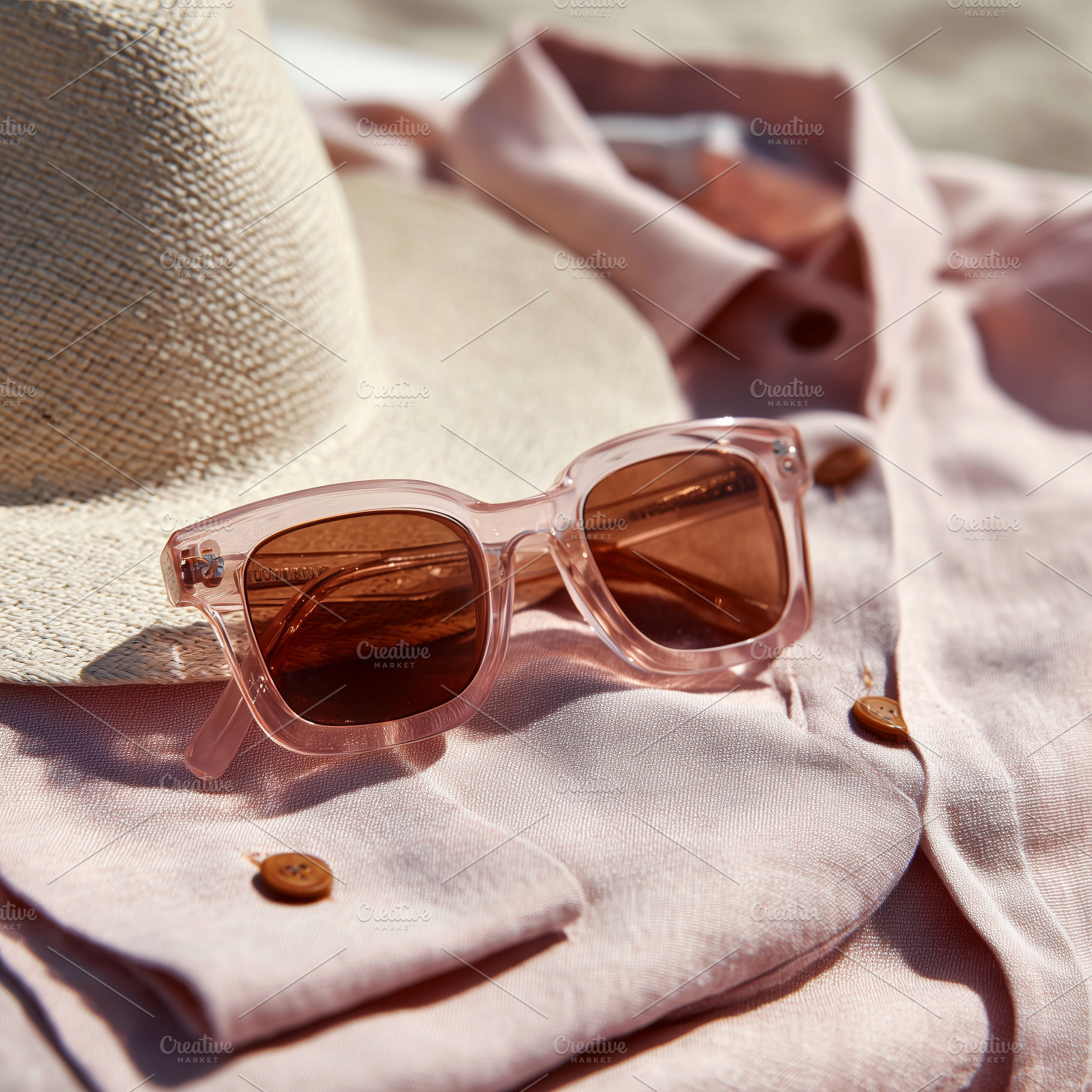 Pink Sunglasses on Casual Shirt, a Beauty & Fashion Photo by Ocean Digital Art