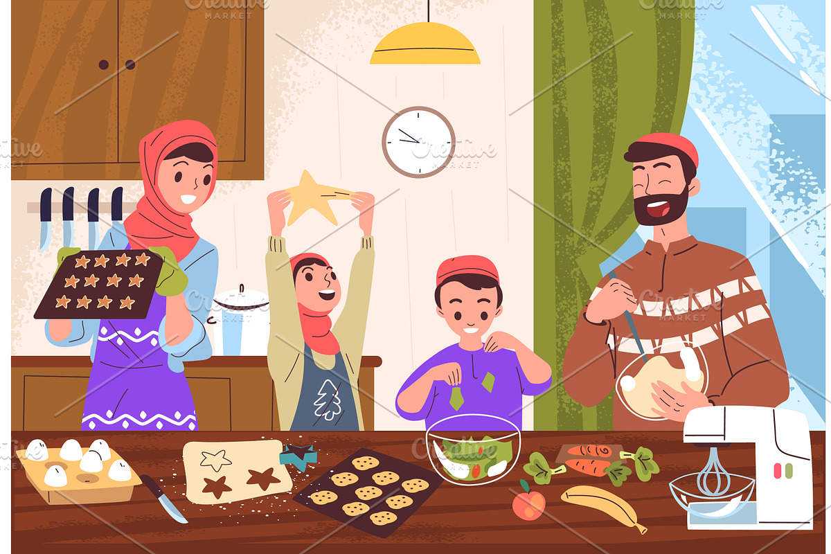 Muslim family cooking. Arab people, a Food Illustration by Stock-Smart-Start