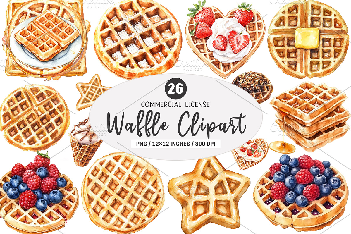 Waffle Watercolor Clipart, an Illustration by SinaCreation (Photo 1 of 5)