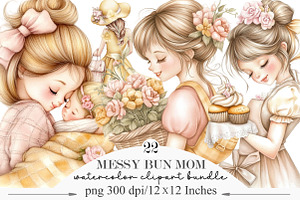 Watercolor Messy Bun Mom Clipart, an Illustration by Designking
