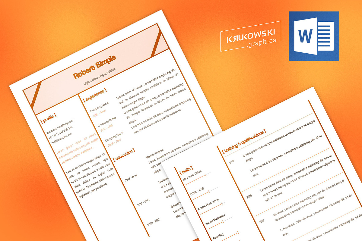Simple Resume CV MS Word Template, a Resume Template by Krukowski Graphics
