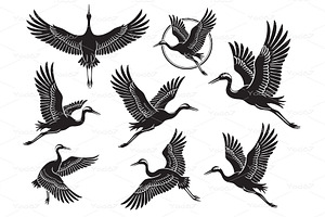 Graceful set of cranes in flight, an Animal Illustration by yod67