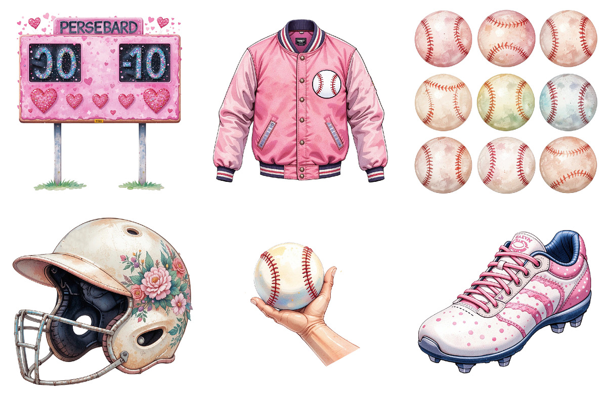 Retro Girly Baseball Clipart, an Illustration by Watercolor design (Photo 2 of 4)