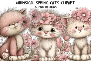 Whimsical Spring Cats Clipart, an Illustration by Daily.Designs