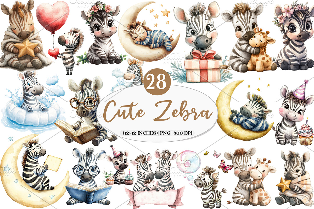 Cute Zebra Sublimation Clipart, an Illustration by Watercolor design (Photo 1 of 5)