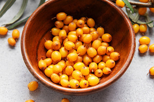 Sea buckthorn berries in bowl, harvesting healthy superfood, a Food & Drink Photo by Olena Rudo