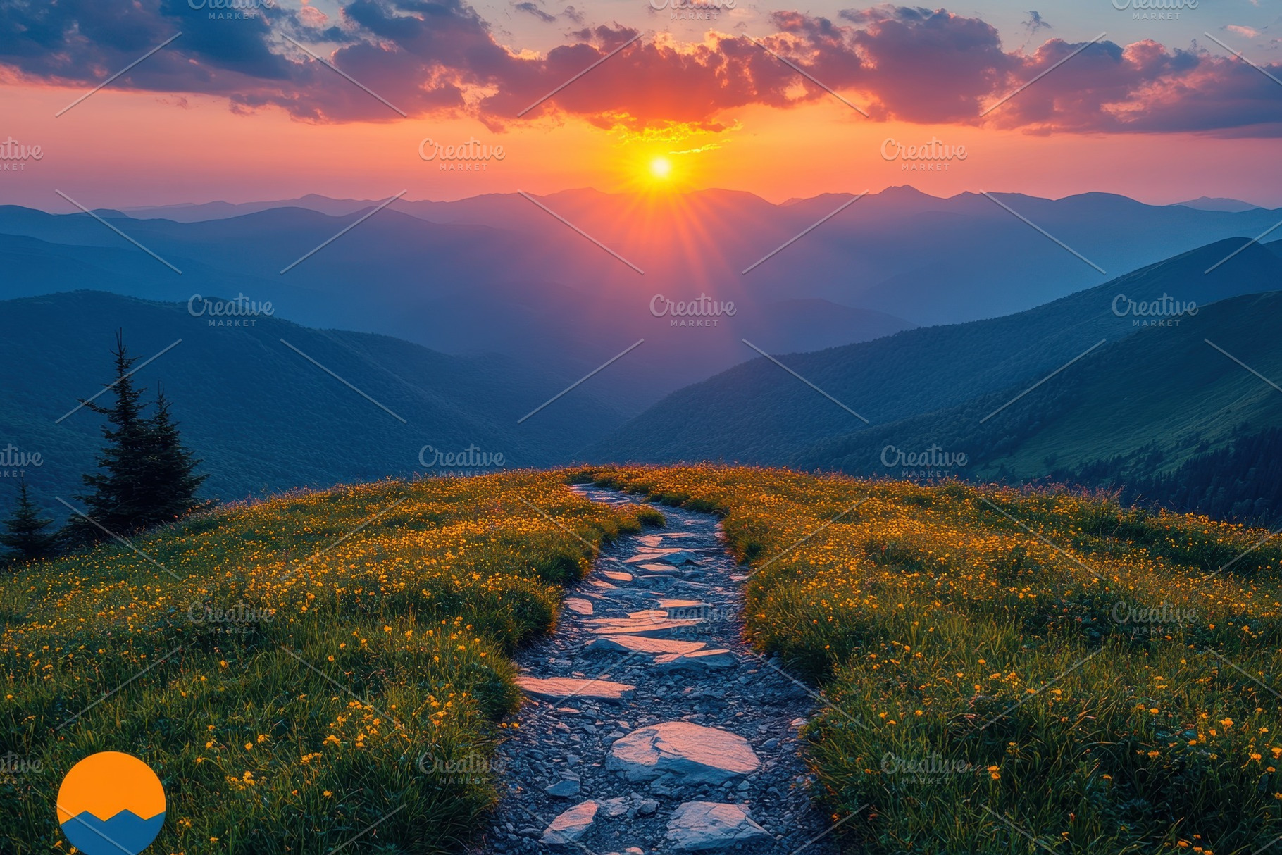 Vibrant sunset over a mountain path, a Photo by Tanuart