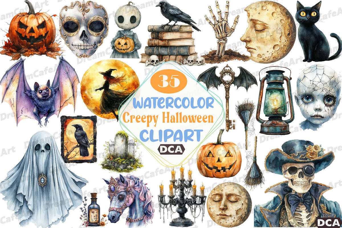 Vintage Creepy Halloween Clipart, an Illustration by DreamCafeArt (Photo 1 of 7)
