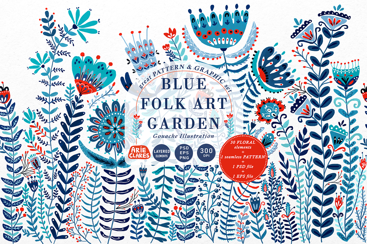 Blue Folk Art Garden, a Pattern Graphic by Arie Clares (Photo 1 of 13)