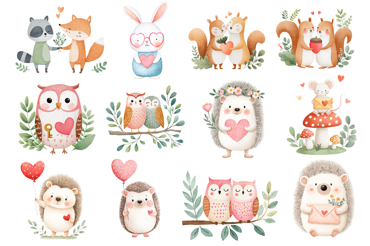Watercolor Animals Valentine's Clipa, an Illustration by Dream Creation (Photo 3 of 7)