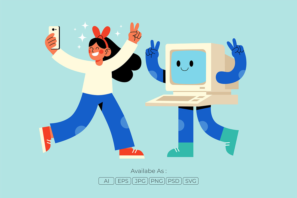 Cute Girl and Robot Selfie Pose, a Person Illustration by Partikusi Design (Photo 2 of 3)