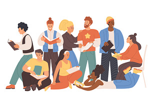 Young people group reading books, an Education Illustration by Lemberg Vector