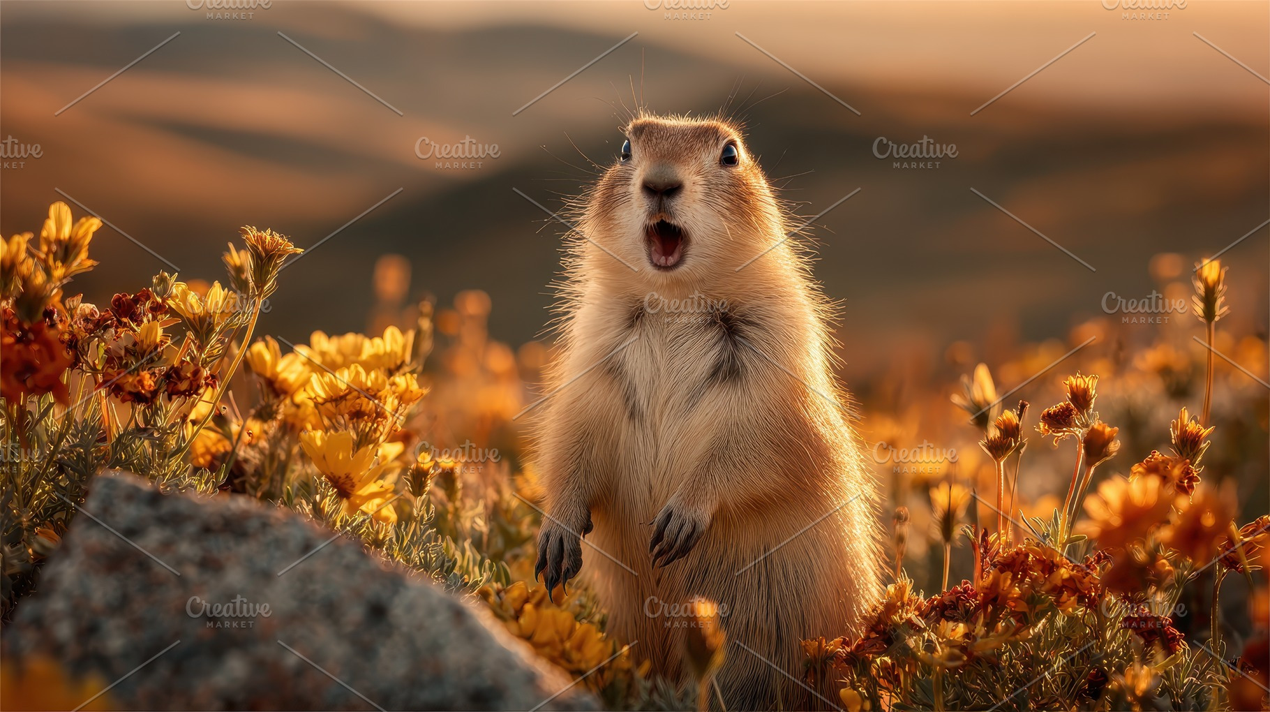 Prairie dog surprised in sunset wild, a Photo by Pixeness Studio