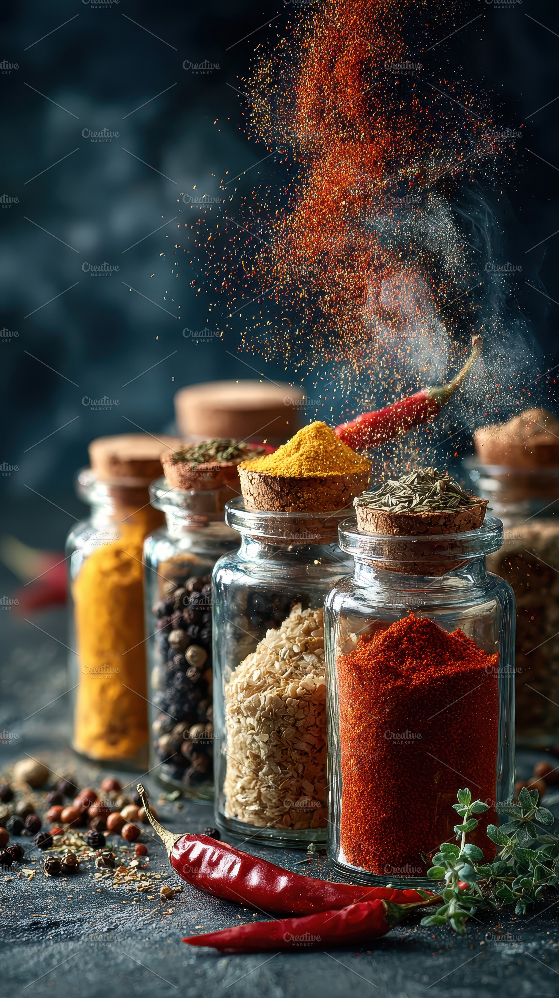 Colorful Spices in Glass Jars Dark B, a Photo by Pixeness Studio