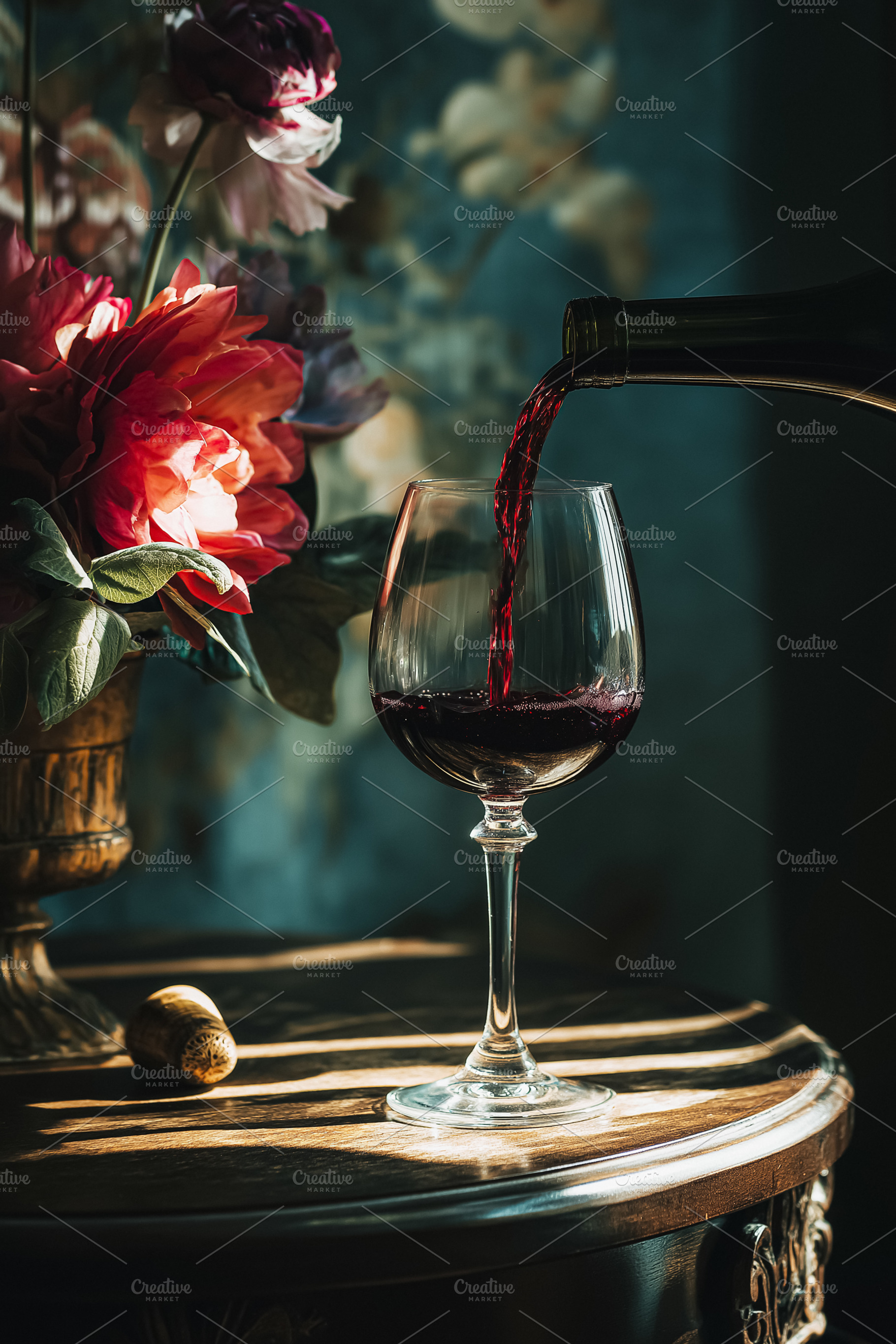 Red wine pouring into a crystal glass, creating a romantic still life with flow, a Food & Drink Photo by Studio ANNA