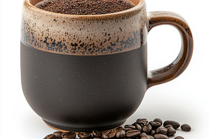 Dark ceramic mug filled with ground, a Food & Drink Photo by Pixeness Studio