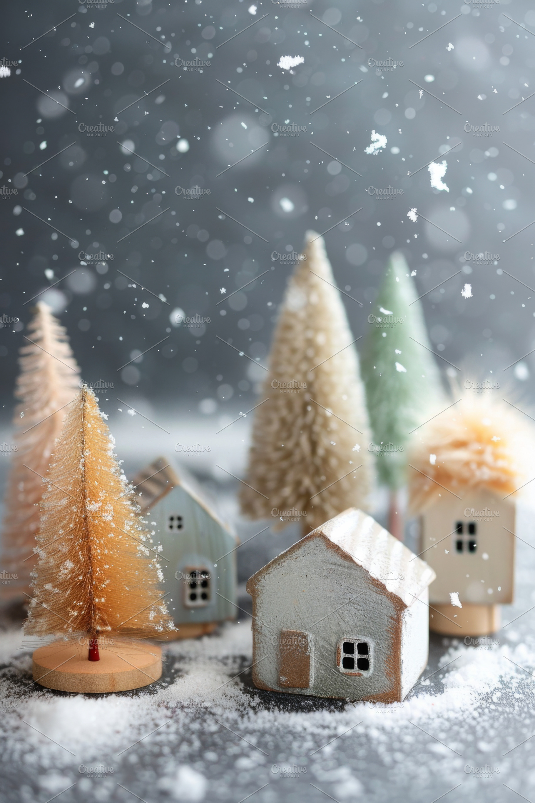 Miniature Christmas houses and trees with snow, New Year holiday, a Photo by Dvoevnore photos