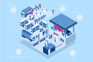 Gas Station Isometric Concept, an Illustration by alexdndz